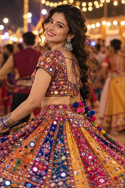 Mirror-work Garba night: a multicoloured mirror-work chaniya choli with an embroidered dupatta and light silver jewellery, a Garba courtyard with warm string lights and marigold garlands. AI-generated style illustration.