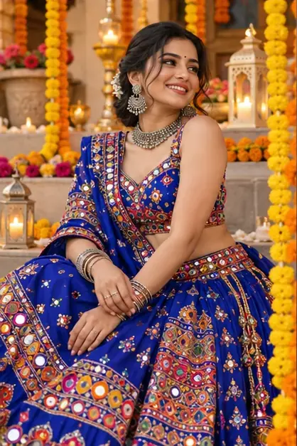 girls collection style illustration; not a generated result for Ivory lehenga at the temple