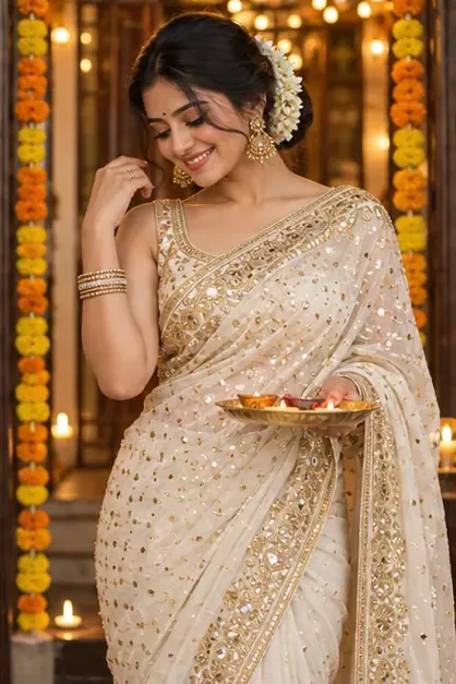 girls collection style illustration; not a generated result for White Anarkali garden